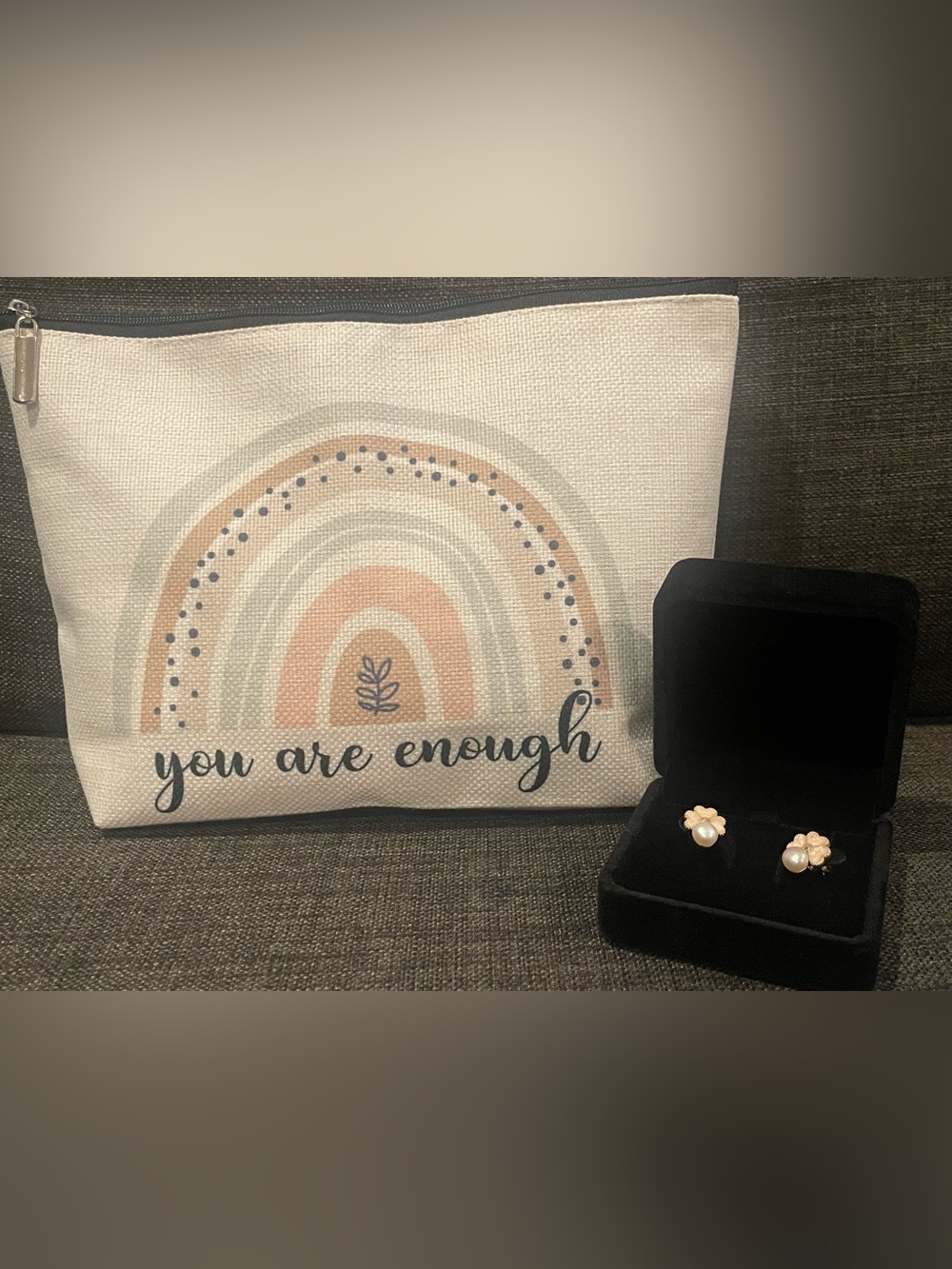 “You Are Enough” bundle. Canvas Rainbow Zip Pouch and Pearl Earrings NWOT